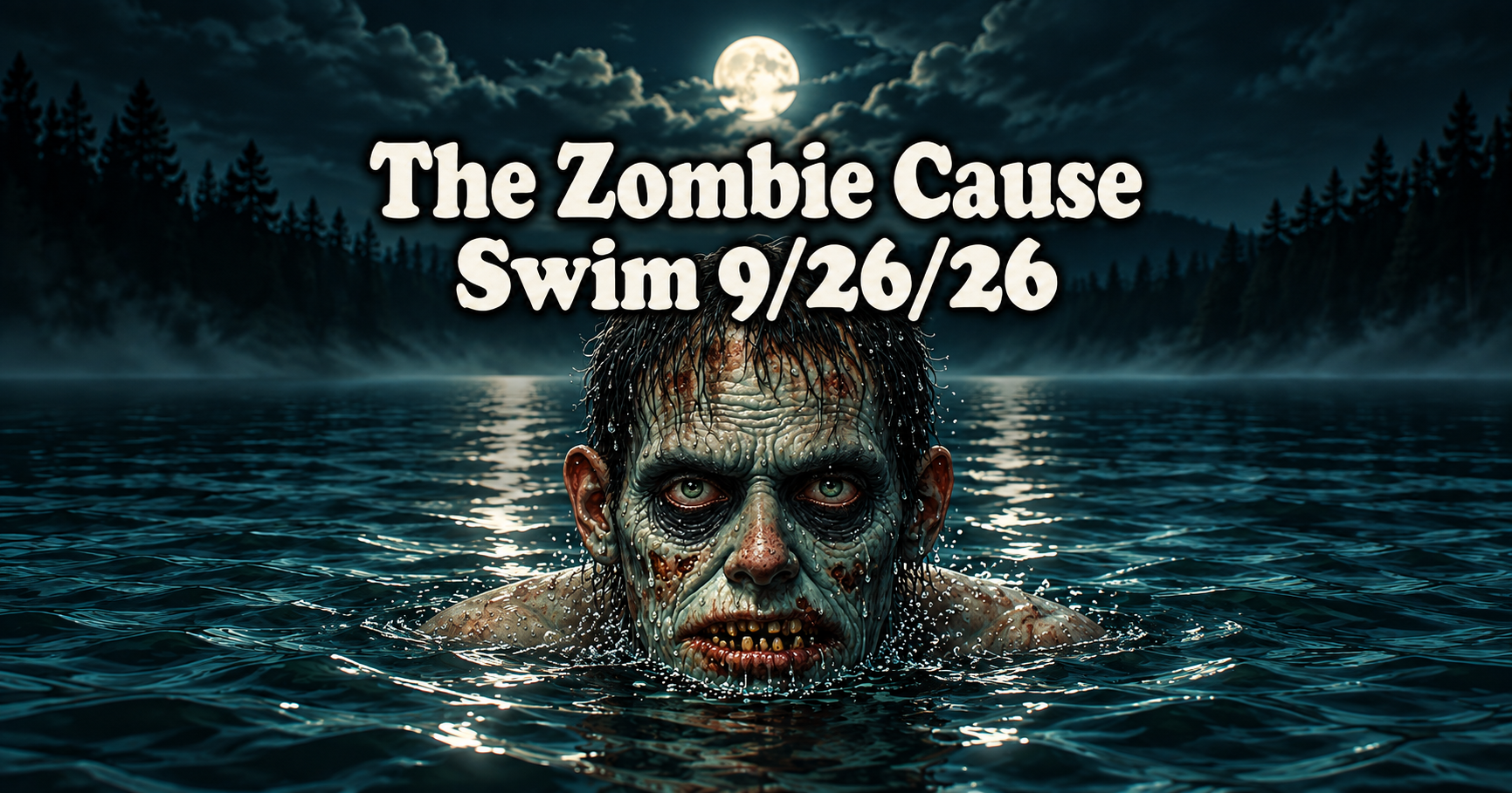 The Zombie Cause Swim 9/26/26 banner: a zombie rising from a moonlit lake